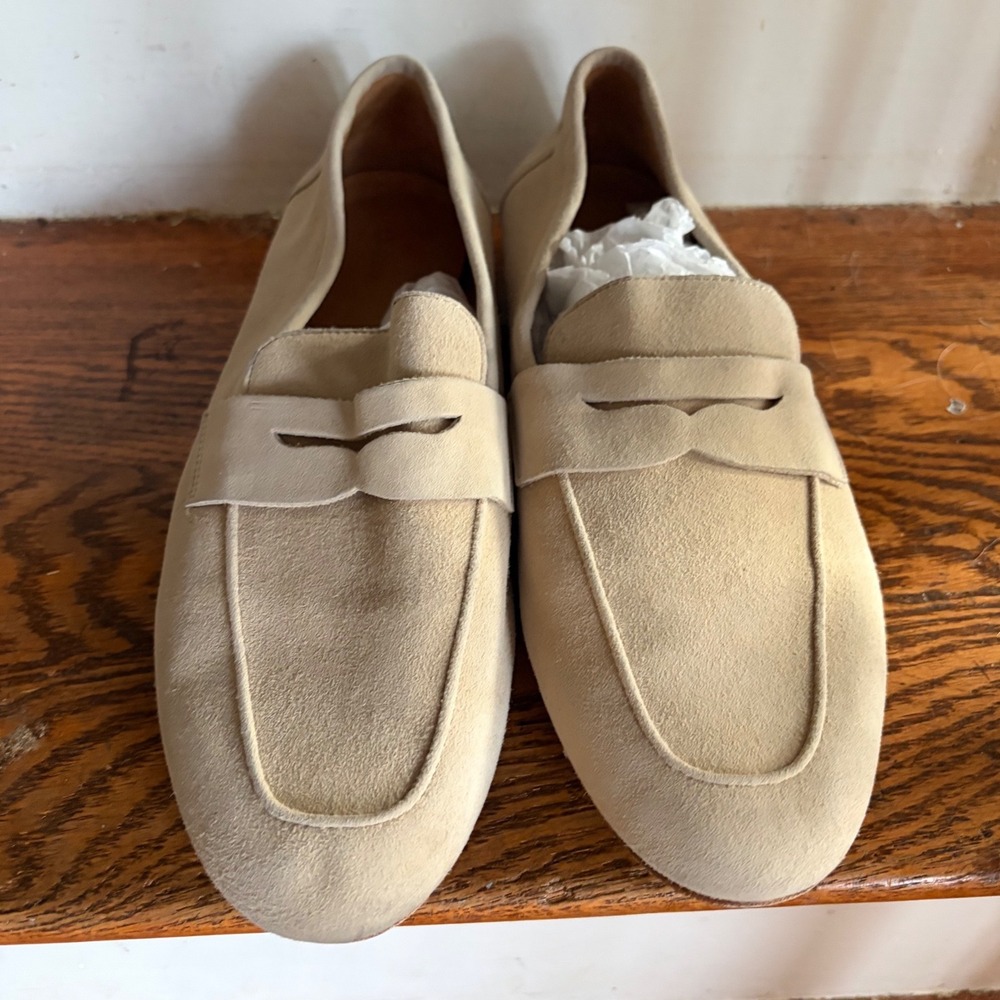 Quince Suede Penny Loafers Sand Beige Size 9.5 Women Slip On Flat Shoes